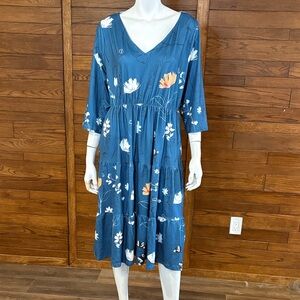 Elegant Blue Floral Midi Dress with V-Neck